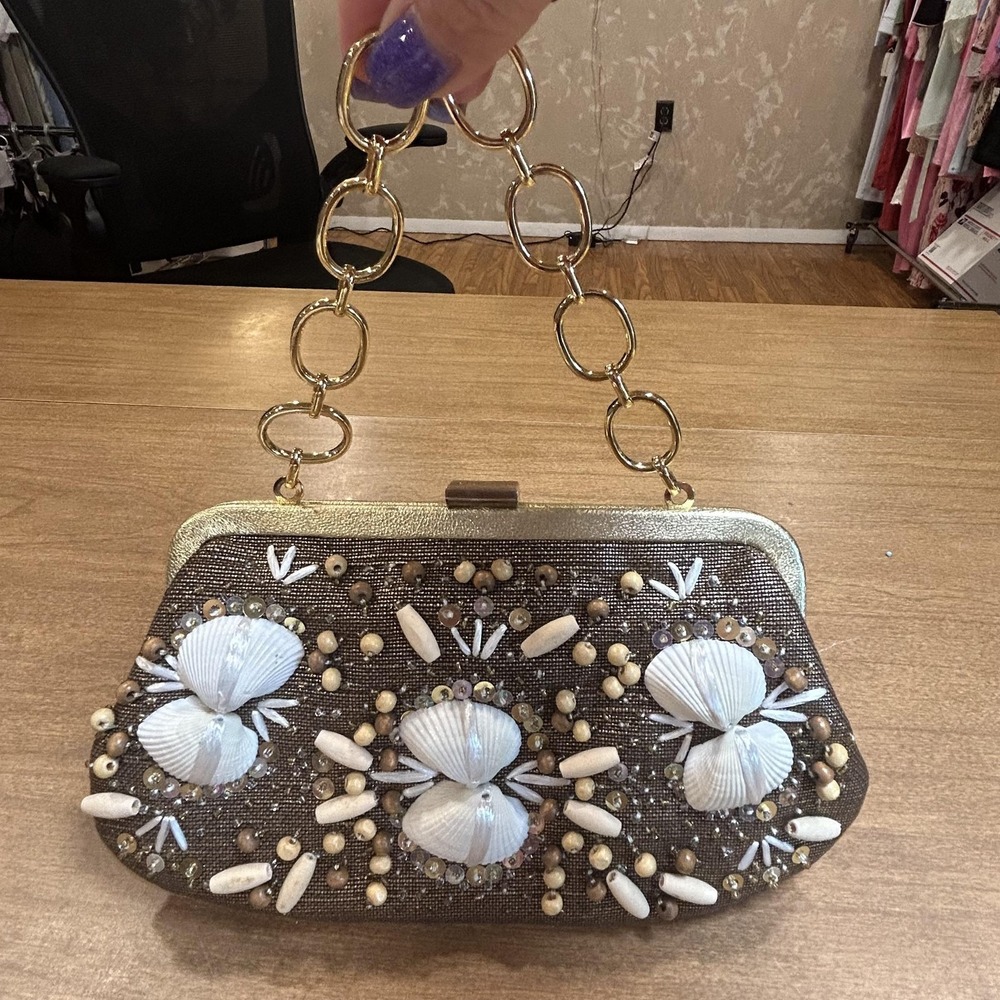 Rafe Clutch Bag Womens Small Brown Straw Shell Beaded Chain Beach Purse